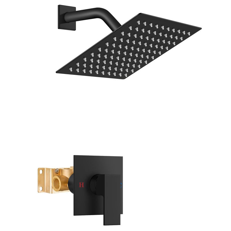 Airuida Shower Faucet Set Bathroom Rain Shower System 8 Inch Square Showerhead Single Function 1 Handle Trim Kit with Female Thread Rough-in Valve Cover Plate with H and C Labels Matte Black - Image 1